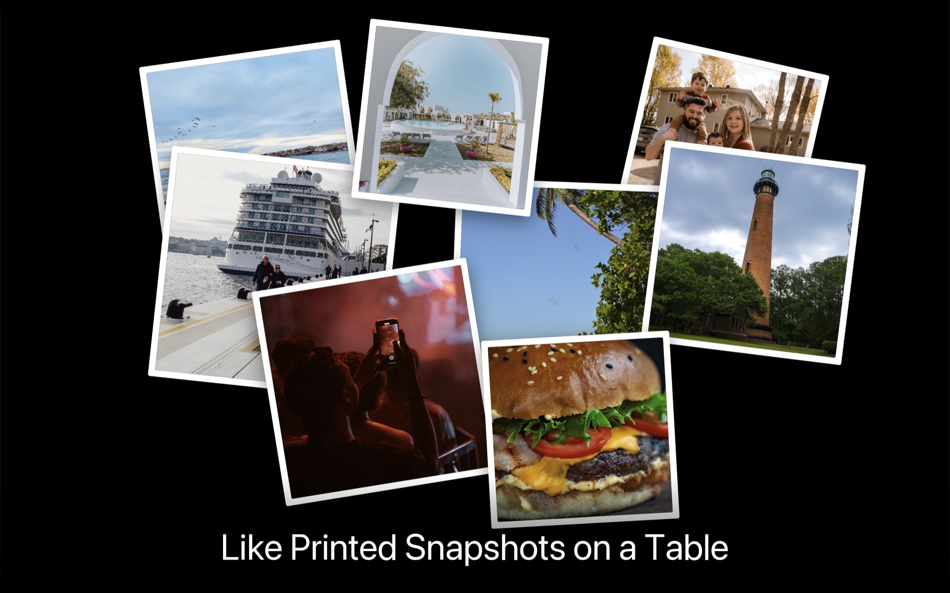 Scatter collage of event photos styled like printed snapshots on a table
